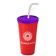 a translucent violet lid & red cup 24 oz stadium tumbler cup with flex straw and lid