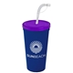 a translucent violet lid & navy blue cup 24 oz stadium tumbler cup with flex straw and lid