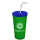 a translucent blue lid & translucent green cup 24 oz stadium tumbler cup with flex straw and lid