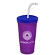 a translucent blue lid & translucent violet cup 24 oz stadium tumbler cup with flex straw and lid