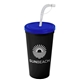 a translucent blue lid & black cup 24 oz stadium tumbler cup with flex straw and lid