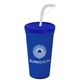 a translucent blue lid & royal blue cup 24 oz stadium tumbler cup with flex straw and lid
