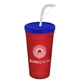 a translucent blue lid & translucent red cup 24 oz stadium tumbler cup with flex straw and lid