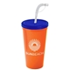 a translucent blue lid & orange cup 24 oz stadium tumbler cup with flex straw and lid