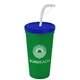a translucent blue lid & green cup 24 oz stadium tumbler cup with flex straw and lid