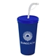 a translucent blue lid & navy blue cup 24 oz stadium tumbler cup with flex straw and lid