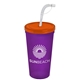 a translucent orange lid & translucent violet cup 24 oz stadium tumbler cup with flex straw and lid