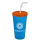 a translucent orange lid & translucent blue cup 24 oz stadium tumbler cup with flex straw and lid