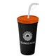 a translucent orange lid & black cup 24 oz stadium tumbler cup with flex straw and lid