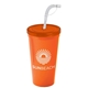 a translucent orange lid & orange cup 24 oz stadium tumbler cup with flex straw and lid