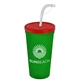 a translucent red lid & translucent green cup 24 oz stadium tumbler cup with flex straw and lid