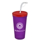 a translucent red lid & translucent violet cup 24 oz stadium tumbler cup with flex straw and lid