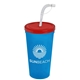 a translucent red lid & translucent blue cup 24 oz stadium tumbler cup with flex straw and lid