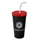 a translucent red lid & black cup 24 oz stadium tumbler cup with flex straw and lid