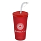 a translucent red lid & translucent red cup 24 oz stadium tumbler cup with flex straw and lid
