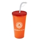 a translucent red lid & orange cup 24 oz stadium tumbler cup with flex straw and lid