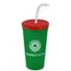 a translucent red lid & green cup 24 oz stadium tumbler cup with flex straw and lid