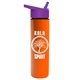 a violet lid & orange bottle slim travel tumbler - 16 oz double wall insulated with flip straw lid