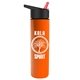 a black-with-red-spout lid & orange bottle slim travel tumbler - 16 oz double wall insulated with flip straw lid