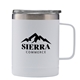 aerial view a matte white 14 oz powder coated stainless steel camping mug, image 1 of 4