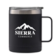 aerial view a matte black 14 oz powder coated stainless steel camping mug, image 1 of 4