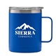 aerial view a matte blue 14 oz powder coated stainless steel camping mug, image 1 of 4