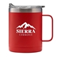 aerial view a matte red 14 oz powder coated stainless steel camping mug, image 1 of 4