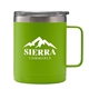 aerial view a matte lime 14 oz powder coated stainless steel camping mug, image 1 of 4