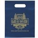 aerial view a navy blue frosted plastic flexo ink multi color die cut handle bag 9.5 x 12, image 1 of 2