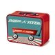a red lunchbox & wood tone wine glass retro lunchbox + double 10 oz stemless wood tone wine glass in vacuum formed insert