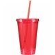 aerial view a translucent red 16 oz victory acrylic tumbler with straw lid, full color digital, image 1 of 2