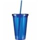 aerial view a translucent blue 16 oz victory acrylic tumbler with straw lid, full color digital, image 1 of 2