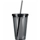 aerial view a translucent black 16 oz victory acrylic tumbler with straw lid, full color digital, image 1 of 2