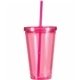 aerial view a fuchsia 16 oz victory acrylic tumbler with straw lid, full color digital, image 1 of 2