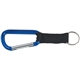 aerial view a blue promotional 8mm carabiner with black strap, image 1 of 3