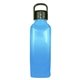 aerial view a translucent blue bottle & black lid 24 oz classic edge bottle with handle lid, image 1 of 2