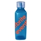 aerial view a transparent blue 24 oz classic edge bottle with standard lid, image 1 of 2