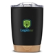aerial view a black 12 oz symmetry tumbler with bamboo base, image 1 of 8