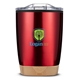 aerial view a red 12 oz symmetry tumbler with bamboo base, image 1 of 8