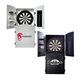 a group of wooden dart board set with cabinet and darts