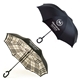 aerial view a cream plaid/black stratton reversible umbrella, image 1 of 3
