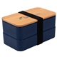 a navy blue wheat straw bento box with bamboo lid
