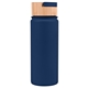 a navy blue 20 oz vacuum - sealed stainless water bottle with bamboo lid