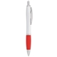 aerial view a silver barrel with red grip the nash comfort grip ballpoint click pen, image 1 of 3