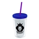 a clear bottle & translucent blue lid & translucent violet straw 16 oz double - wall insulated transparent tumbler