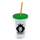 a clear bottle & translucent green lid & translucent orange straw 16 oz double - wall insulated transparent tumbler