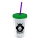 a clear bottle & translucent green lid & translucent violet straw 16 oz double - wall insulated transparent tumbler
