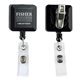 a black 30 cord square retractable badge reel and badge holder with metal rotating alligator clip backing with color imprint