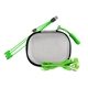 aerial view a green mini tech set with multi - usb cable and earbuds, image 1 of 2