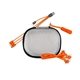 aerial view a orange mini tech set with multi - usb cable and earbuds, image 1 of 2